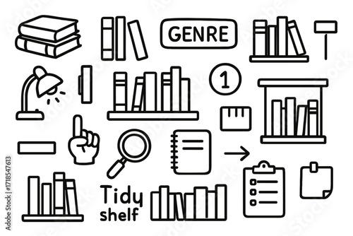 Bookshelf Doodle Icons. Hand-drawn doodle illustration Bookshelf organization [stacked books, vertical books, genre label, shelf icon, divider, reading lamp,