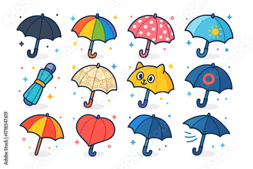 Colorful Umbrella Icons. Colorful isometric vector icons set of colorful umbrella types: classic black umbrella, rainbow umbrella, polka dot
