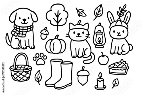 Autumn Pets Doodle. Hand-drawn doodle illustration Autumn pets in harvest outfits dog in plaid scarf, cat with pumpkin hat, bunny with leaf crown, acorn,