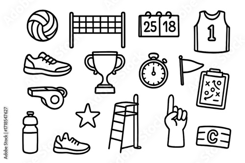 Volleyball Icon Doodles. Hand-drawn doodle illustration volleyball team activity volleyball, net, whistle, scoreboard, jersey, sneakers, trophy, stopwatch,