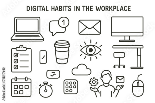 Digital Workplace Doodles. Hand-drawn doodle illustration [digital habits in the workplace] [laptop, message notification, email icon, task list, coffee cup,