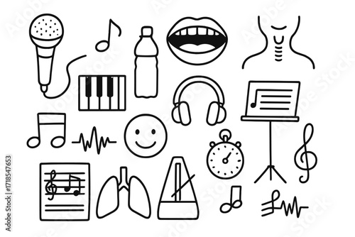 Vocal Warm-Up Doodle. Hand-drawn doodle illustration Vocal warm-up exercises microphone, musical note, open mouth, throat icon, piano keys, water bottle,