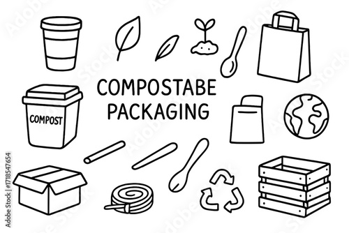 Compostable Packaging Icons. Compostable packaging. Hand-drawn doodle illustration compostable packaging compost bin, paper cup, paper bag, cardboard box,