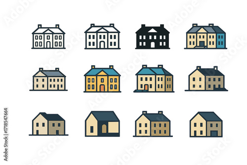 Colonial Mansion Logos. Set Logo of Mansion: Colonial revival mansion. Logo set in vector style, emblematic variations. line, bold thick line, solid black