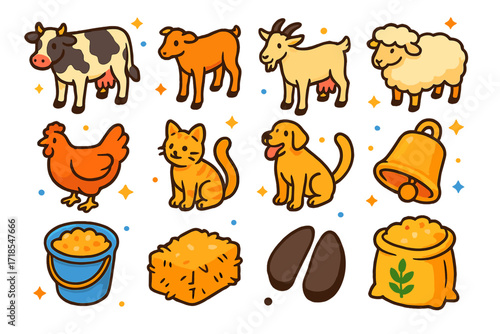 Colorful Farm Icons. Colorful isometric vector icons set of livestock and animals around milking: dairy cow, calf, goat, sheep, chicken nearby, barn cat, farm