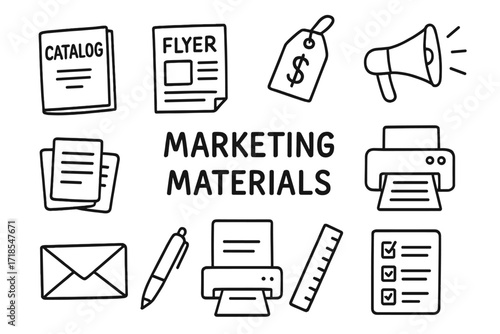 Doodle Marketing Icons. Marketing Materials. Hand-drawn doodle illustration catalog, flyer, brochure, poster, price tag, megaphone, paper sheets, printer,