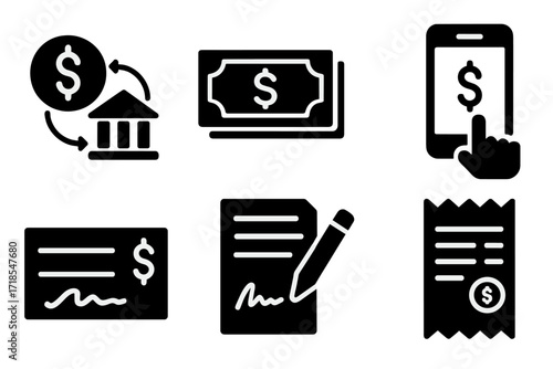 Tax Haven Icons. Solid, filled icon set of tax haven transactions: wire transfer, banknotes, currency exchange, digital payment, cheque, contract signing,