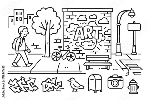 Urban Doodle Scene. Hand-drawn doodle illustration [city art scene] cityscape, mural wall, sidewalk, passerby, tree, lamppost, crosswalk, bike, bird, bench,