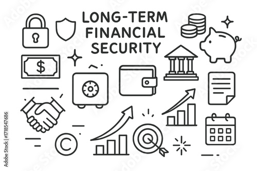 Financial Security Icons. Hand-drawn doodle illustration Long-term financial security lock, shield, coins, piggy bank, dollar bill, safe box, wallet, bank