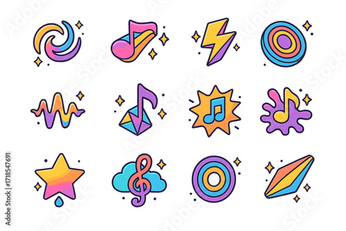 Colorful Musical Icons. Colorful isometric vector icons set of musical color bursts: sound swirl with sparkles, note shooting star, melody lightning bolt,