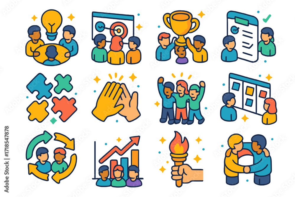 Fototapeta premium Colorful Teamwork Icons. Colorful isometric vector icons set of teamwork motivation: group brainstorm, goal alignment chart, shared victory trophy,