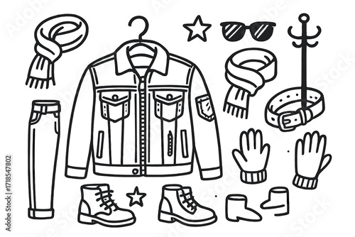 Denim Jacket Icons. Hand-drawn doodle illustration Denim jacket [denim jacket, pocket, collar, button, zipper, patch, hanger, jeans, boots, scarf, star,