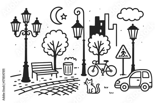 Cityscape Doodle Icons. Hand-drawn doodle illustration Street lamps in the city [lamp post, hanging lantern, cobblestone path, bench, tree, building