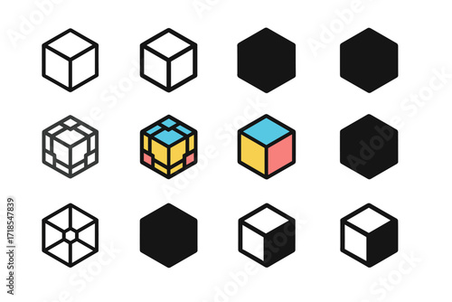 Blockchain Cube Logos. Set Logo of Digital Art Collectibles and NFTs: Blockchain cube. Logo set in vector style, emblematic variations. line, bold thick line,