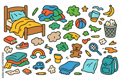 Chaotic Children's Room. Messy Room. Colorful Hand-drawn doodle Children illustration scattered toys, clothes pile, unmade bed, books on floor, dust cloud,