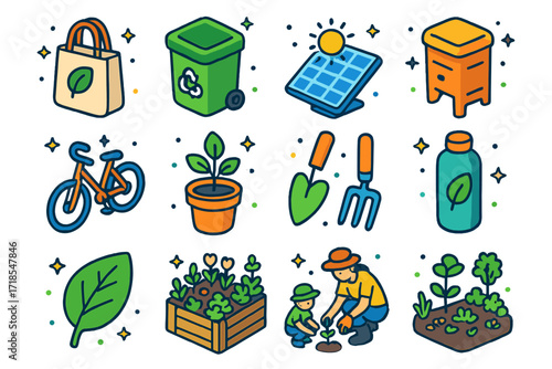Eco Lifestyle Icons. Eco Lifestyle. Colorful isometric vector icons set of eco lifestyle: reusable bag, recycling bin, solar panel, compost bin, bicycle, plant