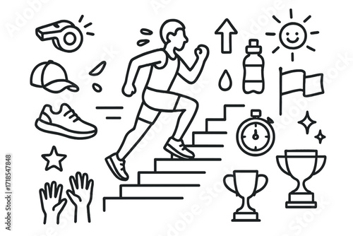 Athletes Sprinting Doodle. Hand-drawn doodle illustration Athletes sprinting stadium stairs [stairs, running figure, sneakers, whistle, stopwatch, cap, arrow