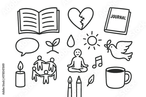 Healing Symbols Doodle. Hand-drawn doodle illustration [Emotional healing after displacement] [open book, heart mending, journal, speech bubble, plant sprout,