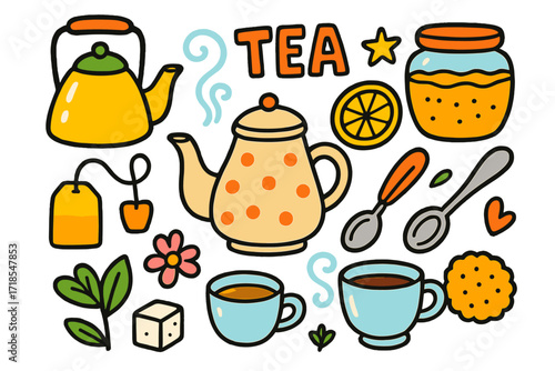 Colorful Tea Doodles. Tea. Colorful Hand-drawn doodle Children illustration teacup, teapot, tea bag, steam swirl, lemon slice, sugar cube, honey jar, flower,