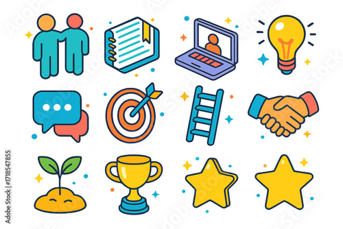 Mentorship Icons Collection. Mentorship. Colorful isometric vector icons set of mentorship: mentor figure, student figure, notebook, laptop, light bulb, speech