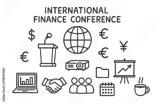 Finance Conference Icons. Hand-drawn doodle illustration International finance conference globe, dollar sign, euro sign, yen sign, pound sign,