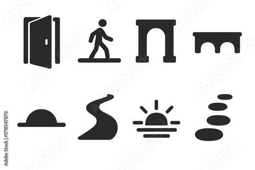 Symbolic Threshold Icons. Solid, filled icon set of symbolic thresholds: open door, crossing line, gateway, bridge, horizon, path beginning, sunrise, stepping