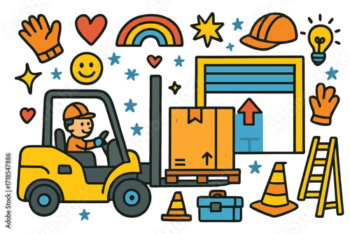Playful Forklift Doodle. Colorful Hand-drawn doodle Children illustration Forklift Transport [forklift, big box, warehouse door, pallet, heart, spark, rainbow,