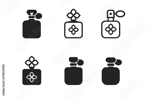 Luxury Perfume Logos. Luxury Brands. Set Logo of Luxury Brands: Perfume bottle. harmonious logo variations of the same emblematic concept, each with different