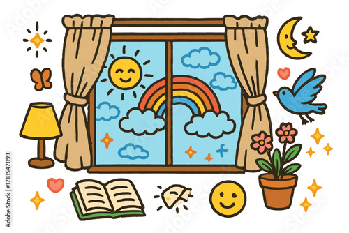 Whimsical Window Wonderland. Colorful Hand-drawn doodle Children illustration Window with Linen Drapes linen curtains, window, sun, clouds, rainbow, moon,