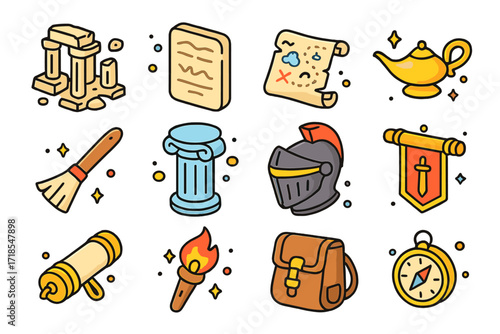Historical Excursion Icons. Colorful isometric vector icons set of Historical excursion: ancient ruins, stone tablet, old map, oil lamp, archaeological brush,