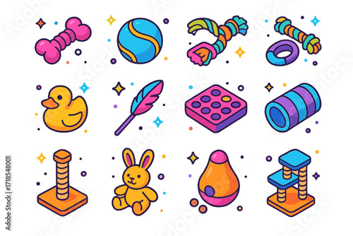 Colorful Pet Icons. Pet Playtime. Colorful isometric vector icons set of Pet Playtime: chew toy, ball, frisbee, rope toy, squeaky toy, feather wand, puzzle