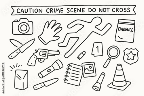 Crime Scene Icons. Hand-drawn doodle illustration crime scene evidence tape, camera, chalk outline, glove, knife, gun, bullet, bag, flashlight, evidence tag,