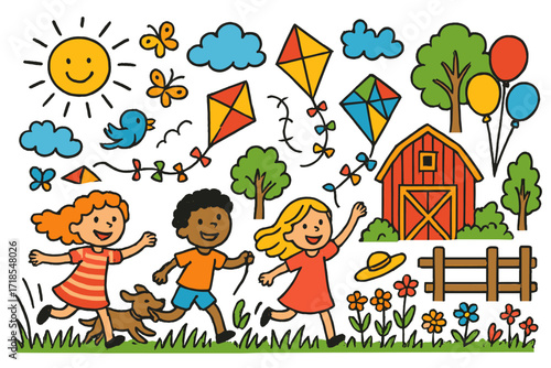 Kite Flying Fun. Colorful Hand-drawn doodle Children illustration Flying Kites on the Farm children running, kites, tall grass, sun, clouds, barn, trees, dog,