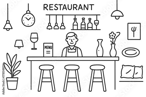 Restaurant Bar Doodle. Hand-drawn doodle illustration [Restaurant bar area] [bar counter, stools, bottles, glasses, lamp, wine glass, menu, clock, plant,