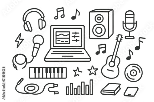 Music Production Icons. Hand-drawn doodle illustration Laptop with music production laptop, headphones, microphone, speaker, keyboard piano, guitar, drum,