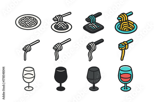 Pasta Dining Icons. Icon Set of Pasta Dining: Plate of pasta, Fork twirling spaghetti, Wine glass. Icons set in vector style, emblematic variations. Plate of