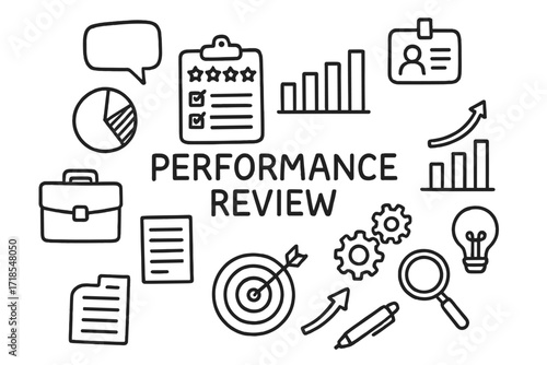 Performance Review Icons. Hand-drawn doodle illustration [Performance review] [clipboard, rating stars, bar graph, employee ID, checklist, briefcase, pie