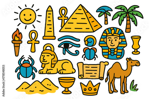 Ancient Egypt Doodle Icons. Colorful Hand-drawn doodle Children illustration ancient Egypt pyramid, sphinx, scarab beetle, ankh, eye of Horus, pharaoh mask,