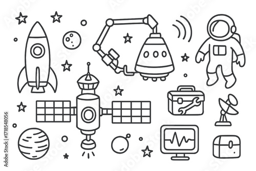 Space Station Doodle. Hand-drawn doodle illustration spaceship docking station space station, rocket, capsule, docking arm, antenna, radar, solar panels,