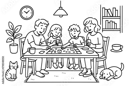 Family Board Game Night. Hand-drawn doodle illustration [Family playing board games] [table, chairs, board game, dice, cards, family members, lamp, rug, clock,