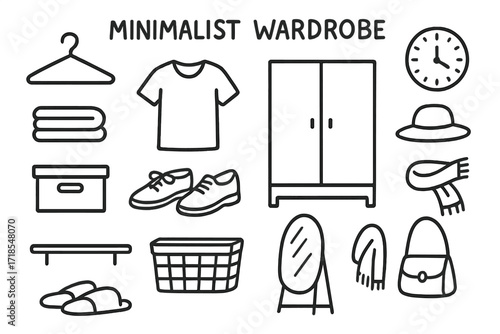 Minimalist Wardrobe Doodles. Hand-drawn doodle illustration Minimalist Wardrobe [hanger, folded clothes, t-shirt, pants, shoes, box, basket, wardrobe outline,