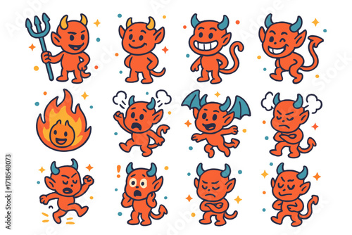 Cartoon Devil Icons. Colorful isometric vector icons set of classic cartoon devils: red pitchfork devil, tiny horns character, goofy grin, exaggerated tail,