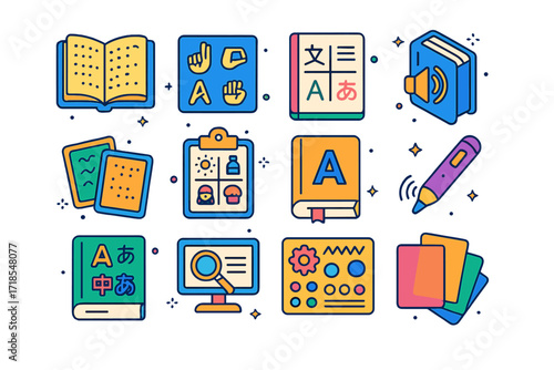Inclusive Learning Icons. Colorful isometric vector icons set of Inclusive learning materials: braille book, sign language chart, bilingual worksheet, audio
