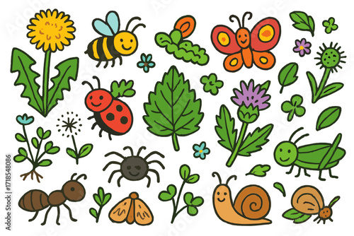 Colorful Doodle Insect Garden. Colorful Hand-drawn doodle Children illustration Weeds and insects dandelion, bee, butterfly, caterpillar, ladybug, grasshopper,