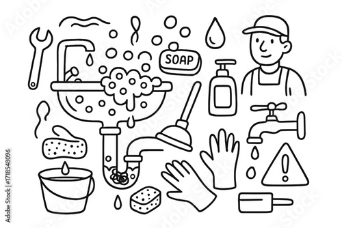 Clogged Sink Doodle. Hand-drawn doodle illustration clogged sink trap blocked pipe, water overflow, bubbles, hair strand, wrench, plunger, soap, bottle,
