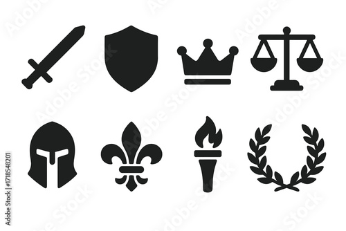 Knightly Virtues Icons. Solid, filled icon set of knightly virtues: sword, shield, crown, scale of justice, helmet, fleur-de-lis, torch, laurel wreath. Solid,