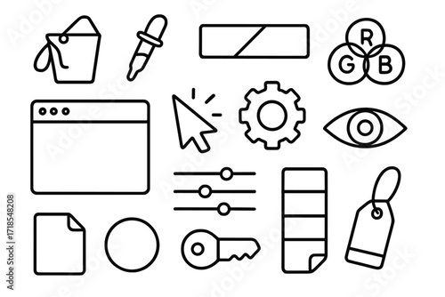 Digital Art Tools. Hand-drawn doodle illustration Digital color selection paint bucket, dropper tool, gradient bar, square swatch, RGB icon, CMYK icon, mouse