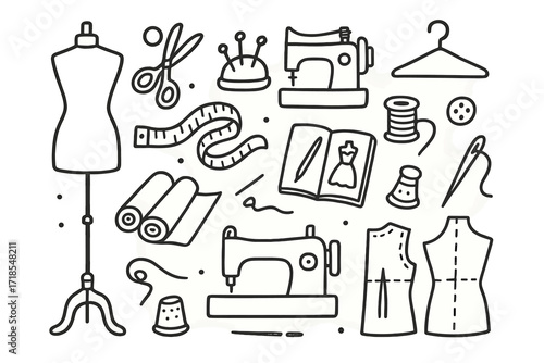 Fashion Design Tools. Hand-drawn doodle illustration Fashion designer mannequin, measuring tape, scissors, pins, sewing machine, fabric rolls, sketchbook,