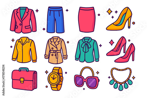 Power Dressing Icons. Power dressing. Colorful isometric vector icons set of power dressing: tailored blazer, wide-leg trousers, pencil skirt, pumps, silk