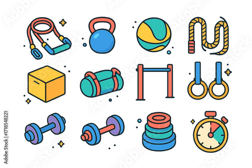 Colorful CrossFit Icons Grid. CrossFit. Colorful isometric vector icons set of CrossFit: resistance bands, kettlebell, medicine ball, battle ropes, plyo box,